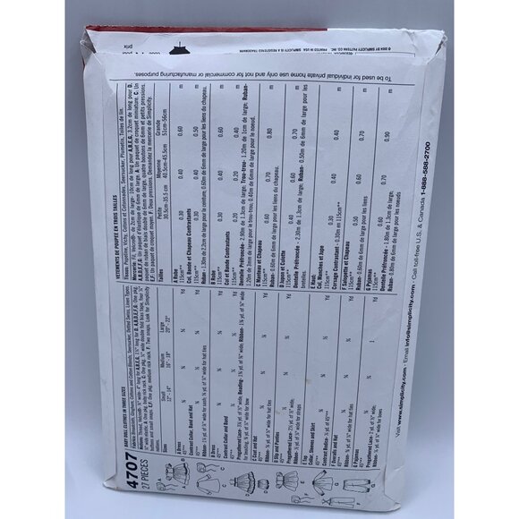 Simplicity Baby Doll Clothes Sewing Pattern  Sz 12" to 22" doll 4707 - uncut - Picture 3 of 4